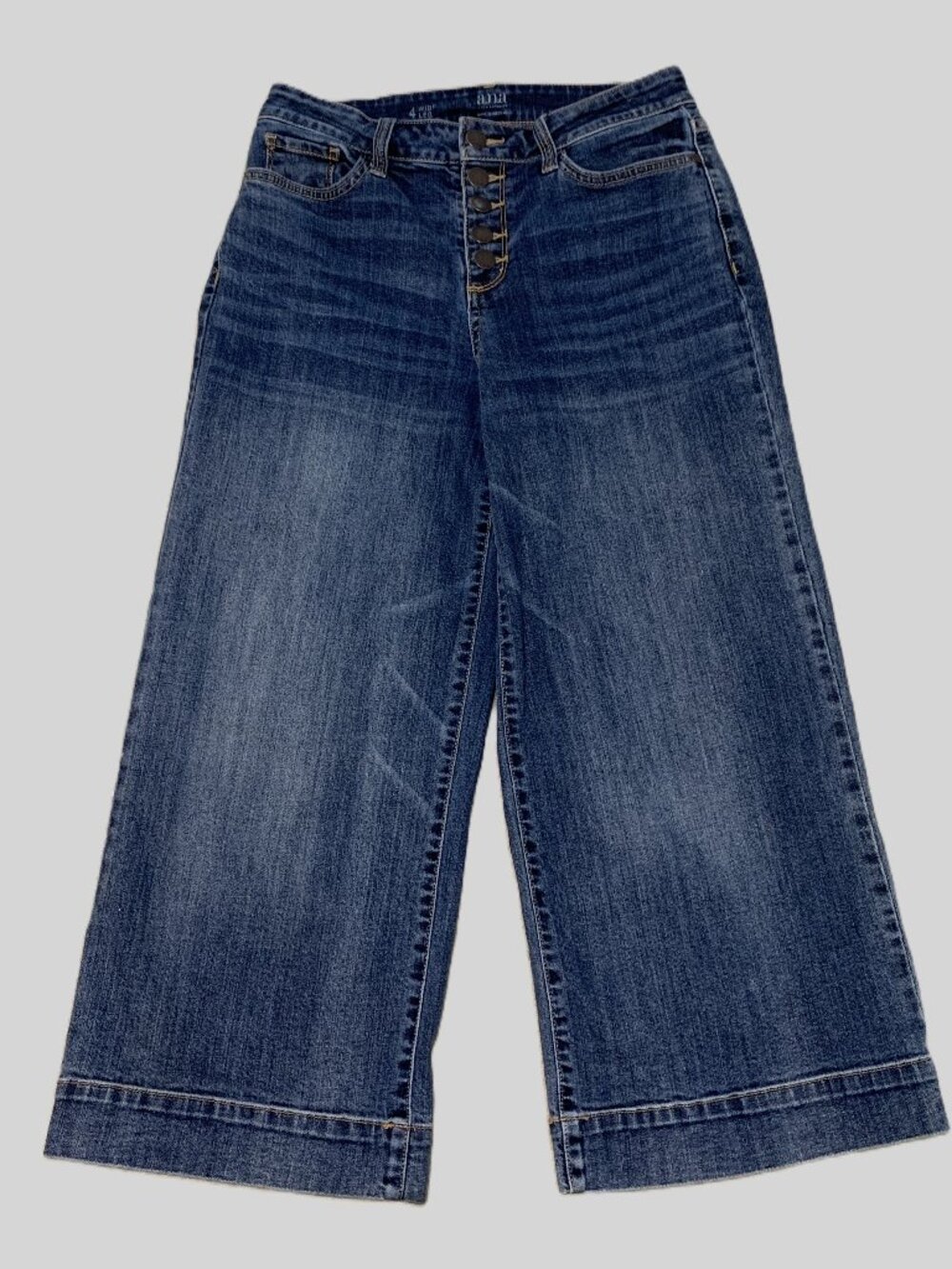 ANA Women Wide Leg Jeans Dark Blue High Rise Button Fly Cropped Size 4